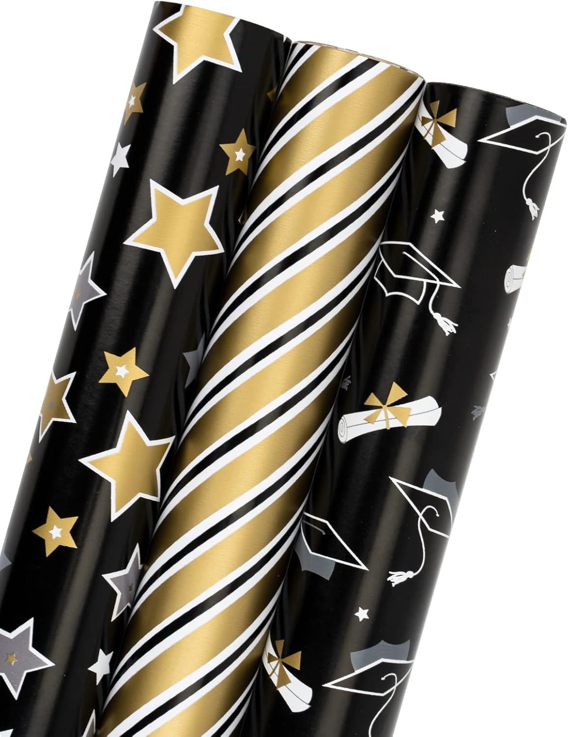 Graduation Gift Wrapping Paper Roll - 17in x 120in Per Roll - Black Gold Foil Star, Stripe & Graduation Cap Gift Wrap Paper Sheets for Party, High School, College, Annusarily Back to School
