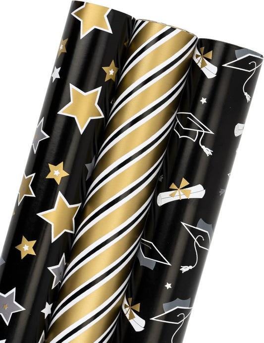 Graduation Gift Wrapping Paper Roll - 17in x 120in Per Roll - Black Gold Foil Star, Stripe & Graduation Cap Gift Wrap Paper Sheets for Party, High School, College, Annusarily Back to School