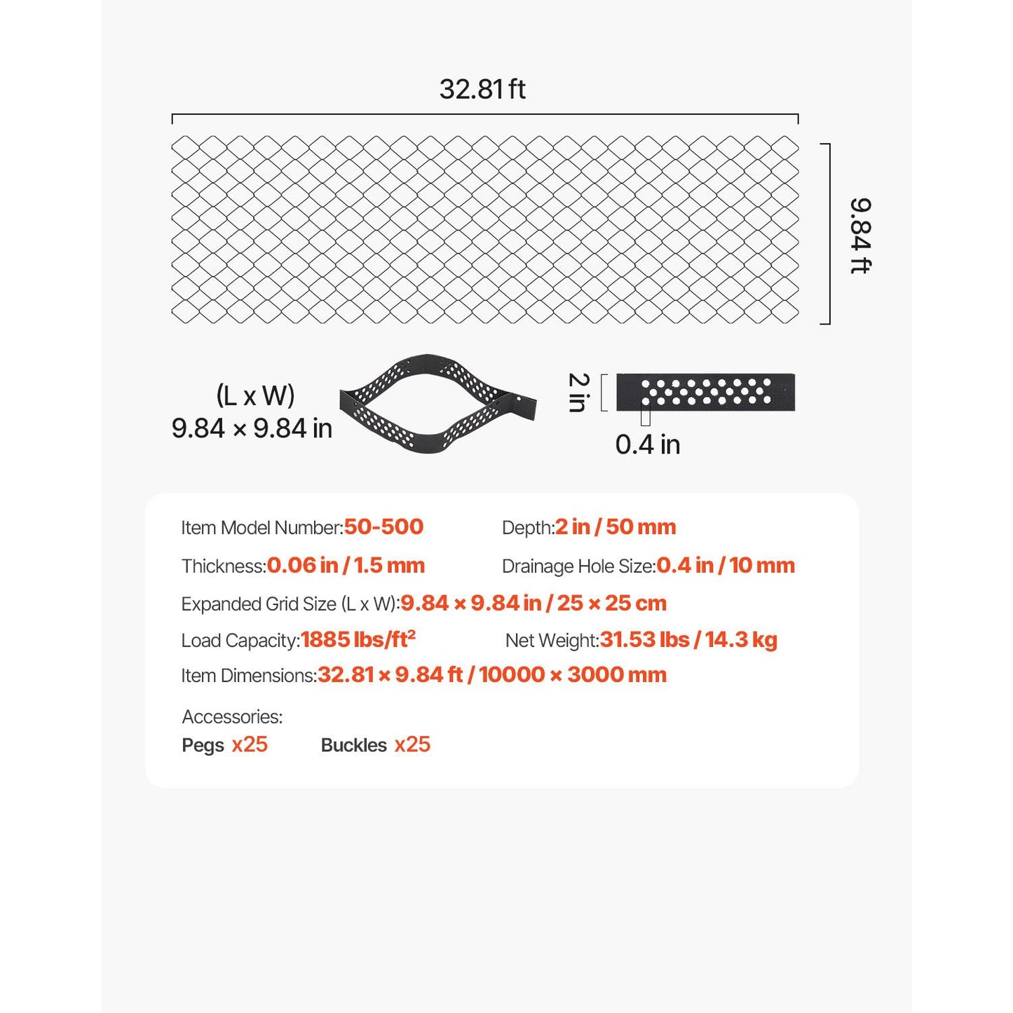 Gravel Grid, 2 Inch Depth, 32.81 x 9.84 FT / 10000 x 3000 mm, 1880 LBS Per Sq ft Grass Ground Retainer, Permeable Geo Grids Driveway Stabilization, for Garden, Patio, Walkway, RV Parking Slopes