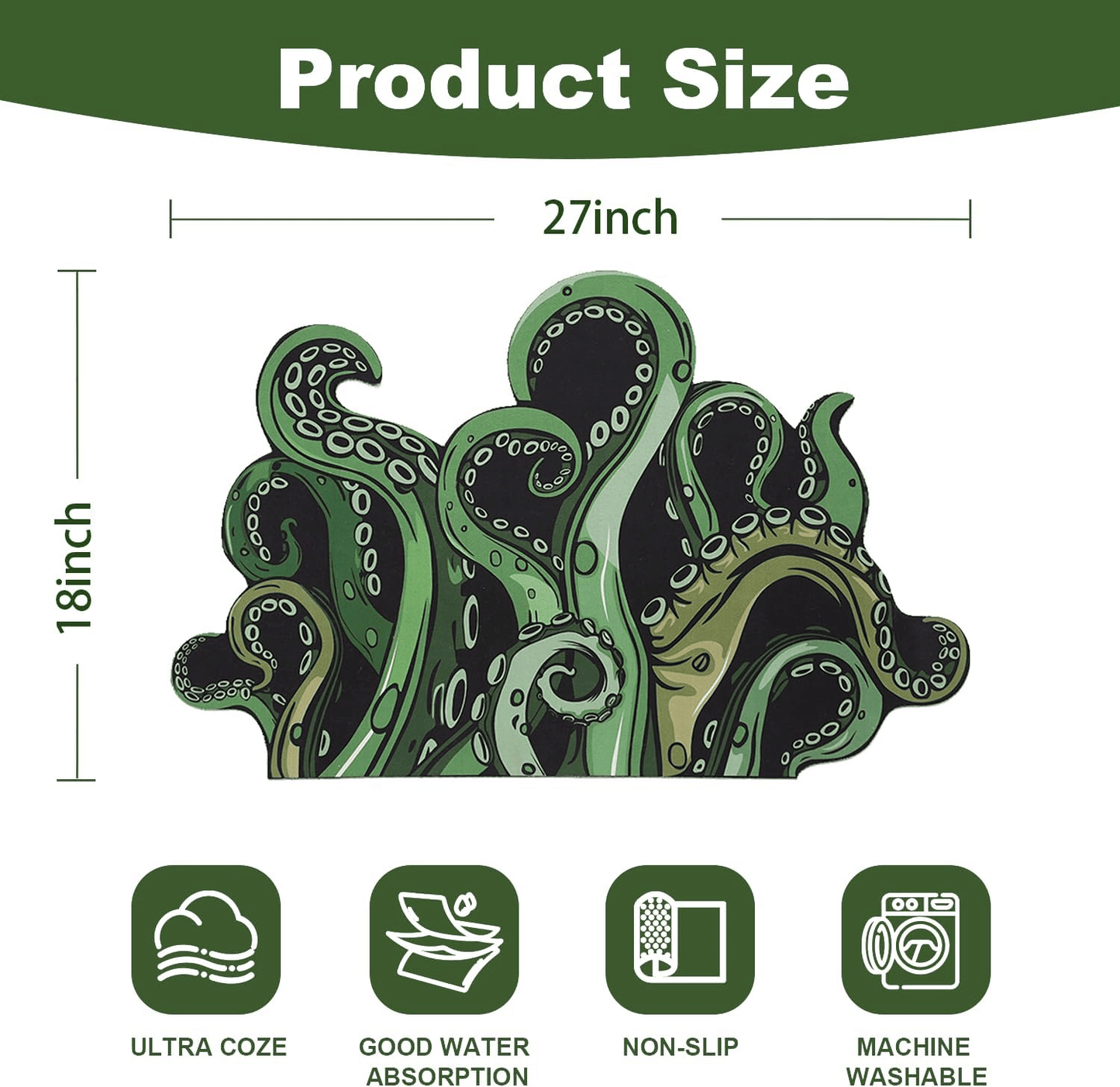 Green And Purple Cthulhu Rugs Water Absorbent Bath Mat Octopus Anime Rug Graphic Gothic Bathroom Rugs Fantasy Decorate, Non Slip Backing, Unique Gift & Decor for Gamers, 27x18 in