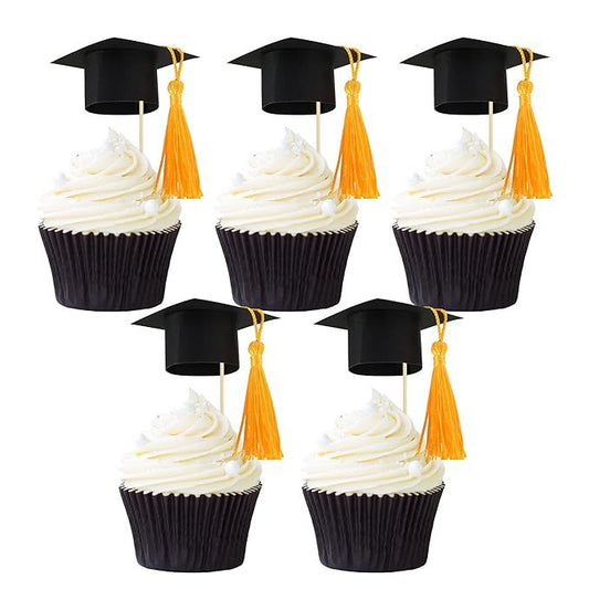 Gyufise 24Pcs 2025 Graduation Cap Cupcake Toppers with Gold Tassel DIY 2025 Congrats Grad Cupcake Picks Graduation Cap 2025 Cupcake Picks for Grad Theme Party Supplies