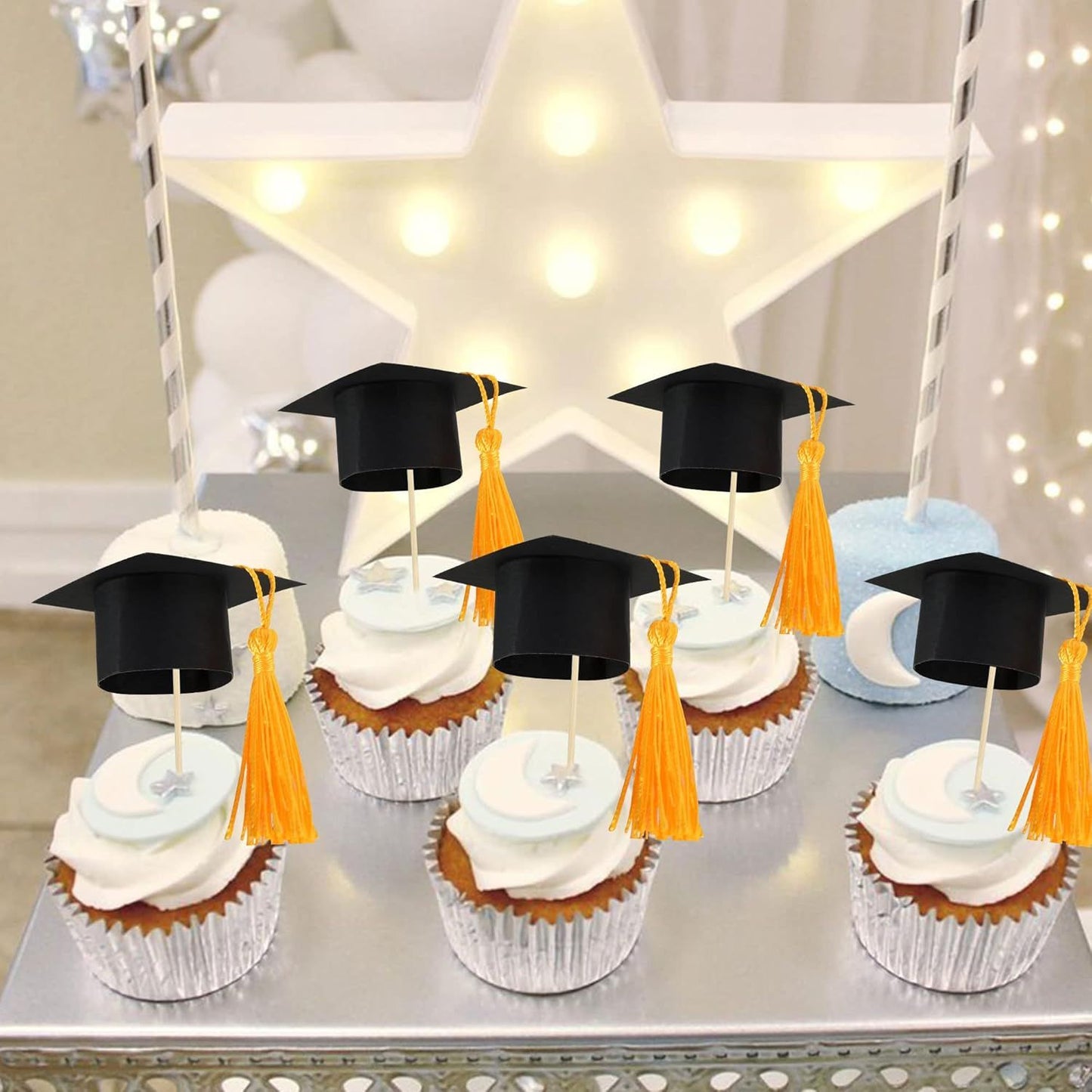 Gyufise 24Pcs 2025 Graduation Cap Cupcake Toppers with Gold Tassel DIY 2025 Congrats Grad Cupcake Picks Graduation Cap 2025 Cupcake Picks for Grad Theme Party Supplies