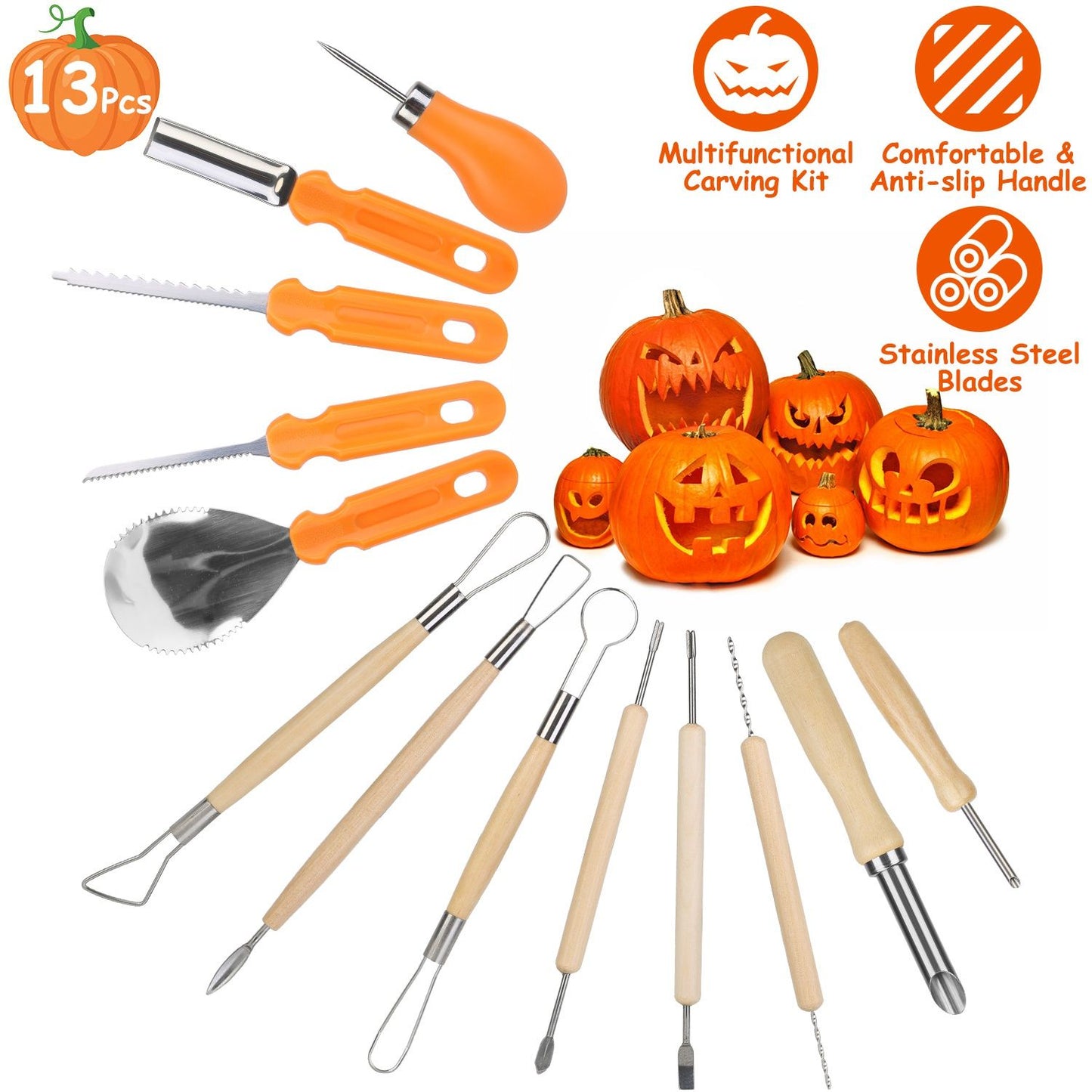Halloween 13PCS Pumpkin Carving Kit, All-in-One Jack-O-Lantern Tool Set with Stainless Steel Blades (Anti-Rust), Anti-Slip Handles - Includes Scooper/Drill/Saws/Etching Tools, Ideal Gift for Family