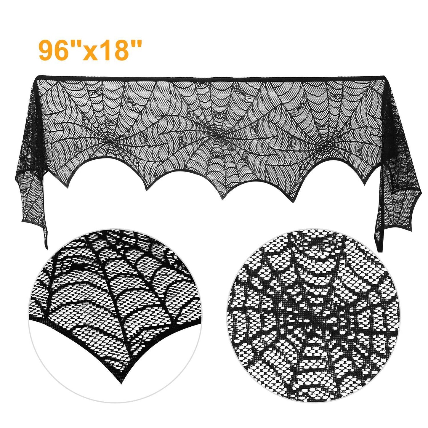 Halloween Fireplace Mantle Scarf - 96x18 Inch Black Lace Scarf with Spider Web, Bat & Spider Design, Lightweight Durable - Ideal for Haunted House, Party, Window, Dining Table Decor