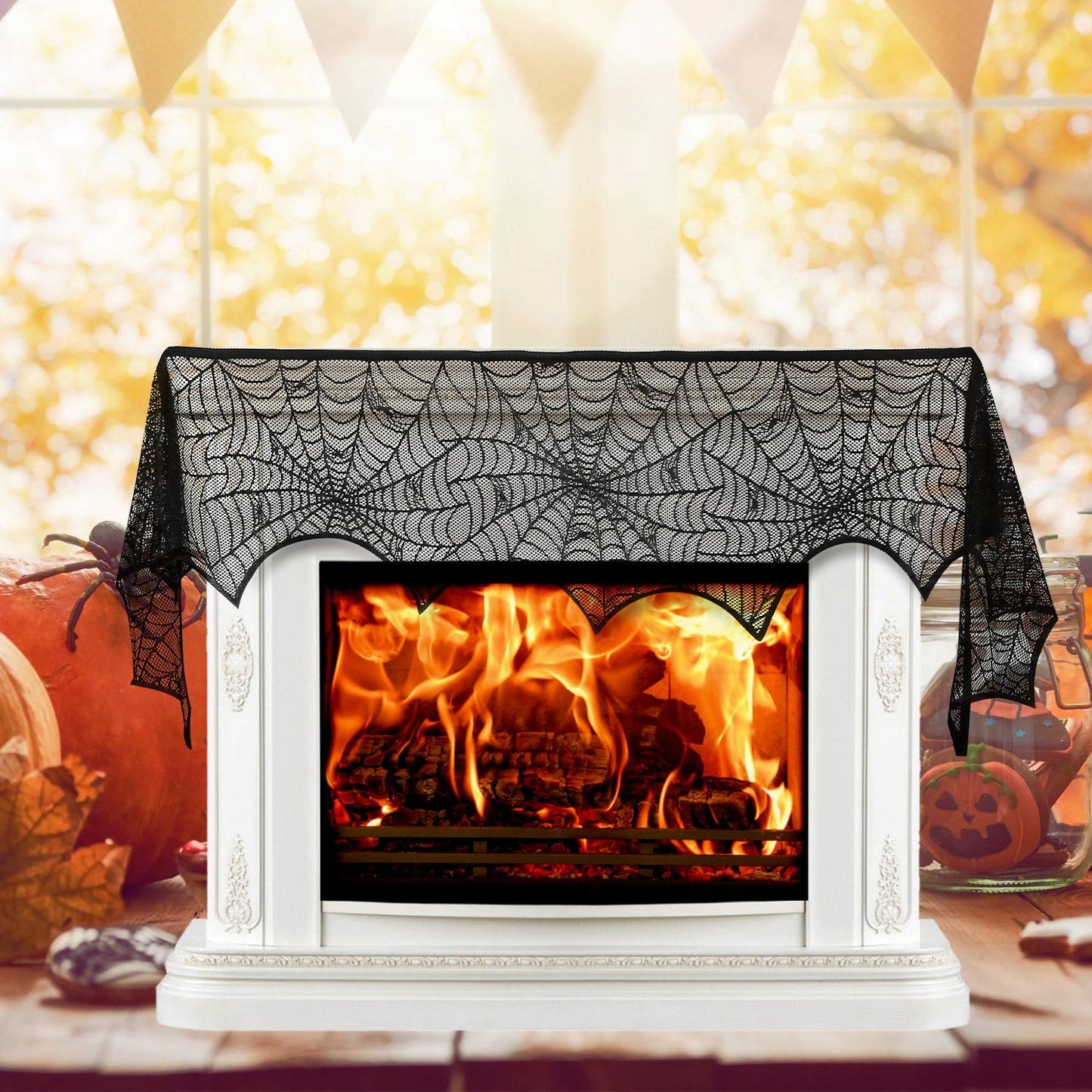 Halloween Fireplace Mantle Scarf - 96x18 Inch Black Lace Scarf with Spider Web, Bat & Spider Design, Lightweight Durable - Ideal for Haunted House, Party, Window, Dining Table Decor