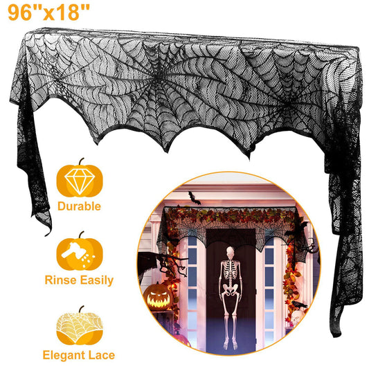 Halloween Fireplace Mantle Scarf - 96x18 Inch Black Lace Scarf with Spider Web, Bat & Spider Design, Lightweight Durable - Ideal for Haunted House, Party, Window, Dining Table Decor