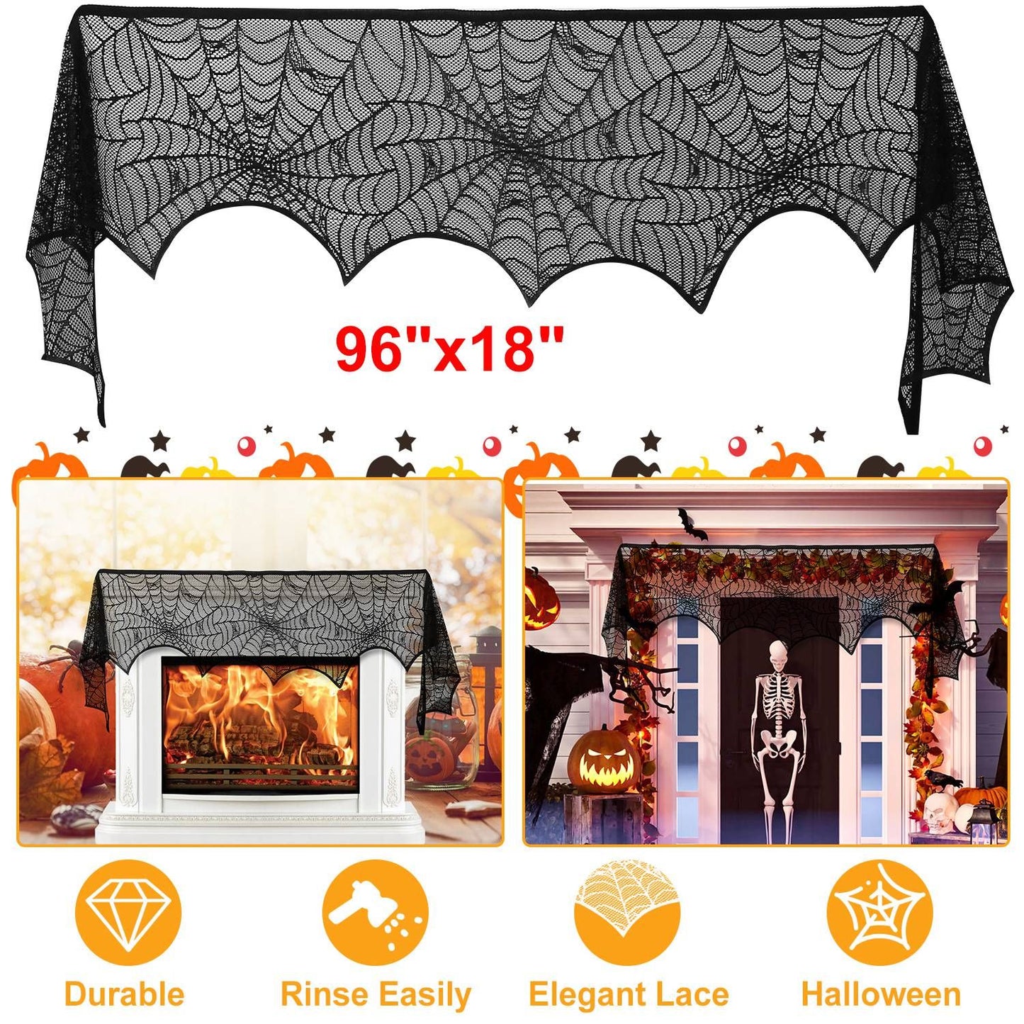 Halloween Fireplace Mantle Scarf - 96x18 Inch Black Lace Scarf with Spider Web, Bat & Spider Design, Lightweight Durable - Ideal for Haunted House, Party, Window, Dining Table Decor