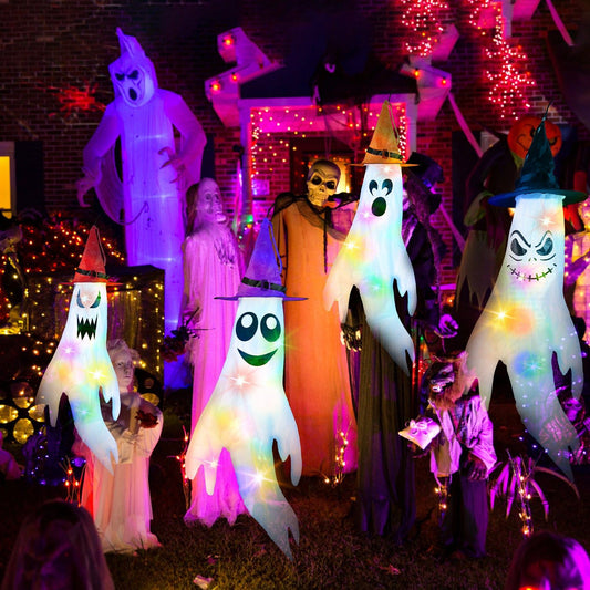 Halloween Hanging Decoration Set - 4 Ghost Windsocks, 4 Witch Hats & 4 Colorful LED String Lights (Batteries Included) - 43.3" Large Reusable Oxford Cloth, Easy to Hang, Spooky Decor for Yard, Patio,