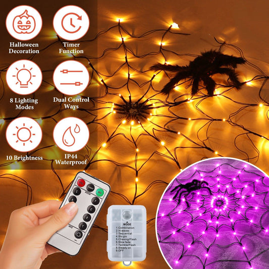 Halloween Spider Web Light - 3.28ft Diameter, 70 LEDs, 8 Modes, 10 Brightness Levels - Battery Powered, IP44 Waterproof with Remote & Timer - Orange/Purple Options