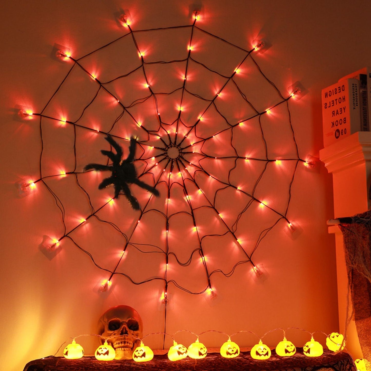 Halloween Spider Web Light - 3.28ft Diameter, 70 LEDs, 8 Modes, 10 Brightness Levels - Battery Powered, IP44 Waterproof with Remote & Timer - Orange/Purple Options