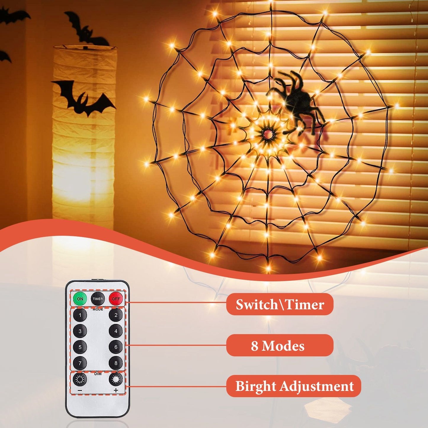 Halloween Spider Web Light - 3.28ft Diameter, 70 LEDs, 8 Modes, 10 Brightness Levels - Battery Powered, IP44 Waterproof with Remote & Timer - Orange/Purple Options