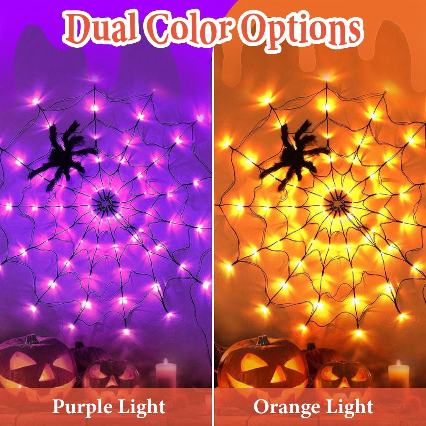 Halloween Spider Web Light - 3.28ft Diameter, 70 LEDs, 8 Modes, 10 Brightness Levels - Battery Powered, IP44 Waterproof with Remote & Timer - Orange/Purple Options
