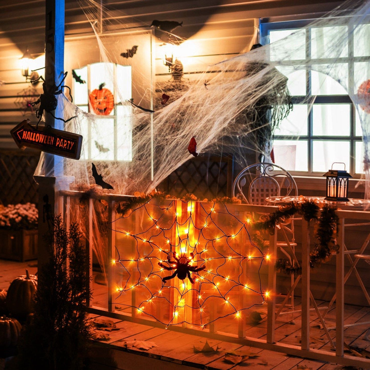Halloween Spider Web Light - 3.28ft Diameter, 70 LEDs, 8 Modes, 10 Brightness Levels - Battery Powered, IP44 Waterproof with Remote & Timer - Orange/Purple Options