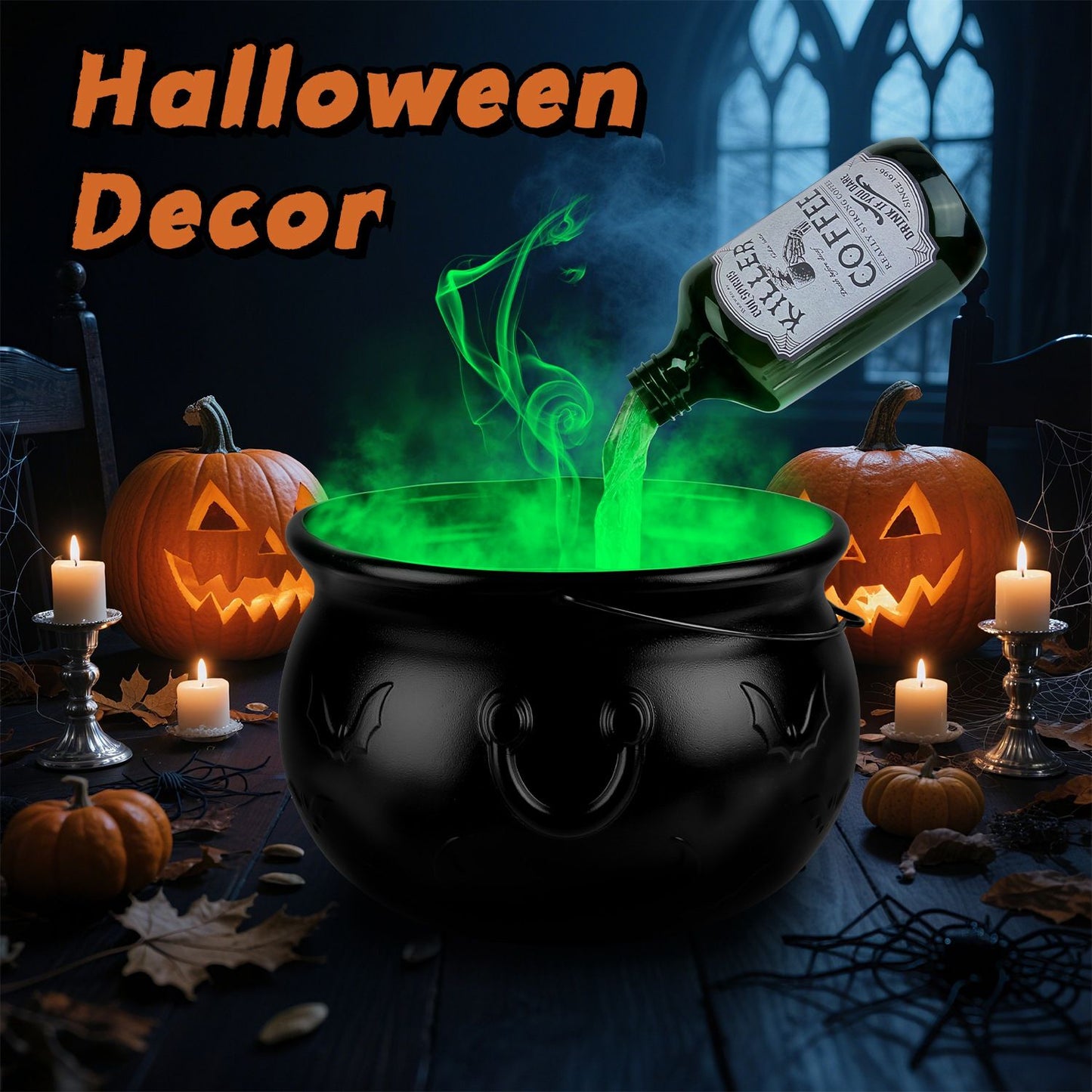Halloween Spooky Decor: Floating Bottle with Witch Cauldron - 2-in-1 Mist & Green LED Light, Effective Splash Guard, Easy Setup, Ideal for Halloween Parties, Haunted Houses & Themed Events