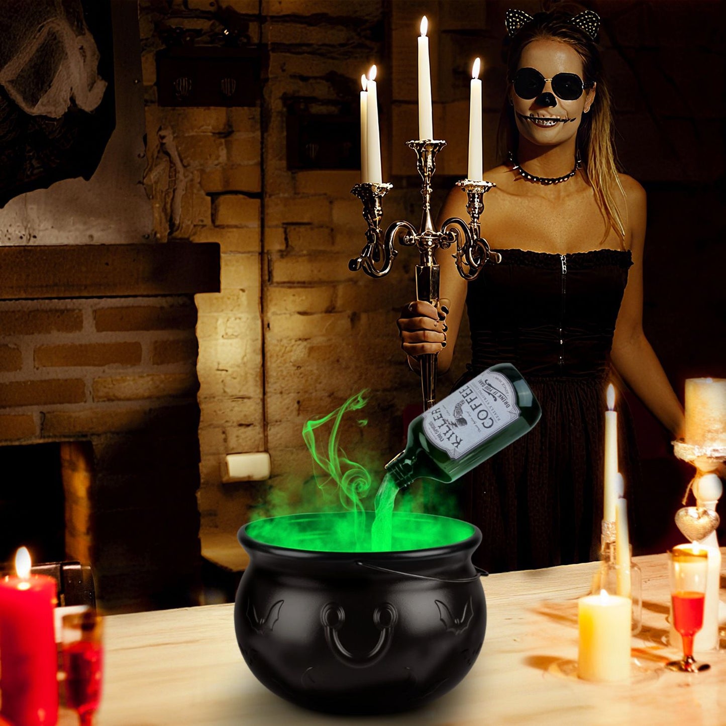 Halloween Spooky Decor: Floating Bottle with Witch Cauldron - 2-in-1 Mist & Green LED Light, Effective Splash Guard, Easy Setup, Ideal for Halloween Parties, Haunted Houses & Themed Events