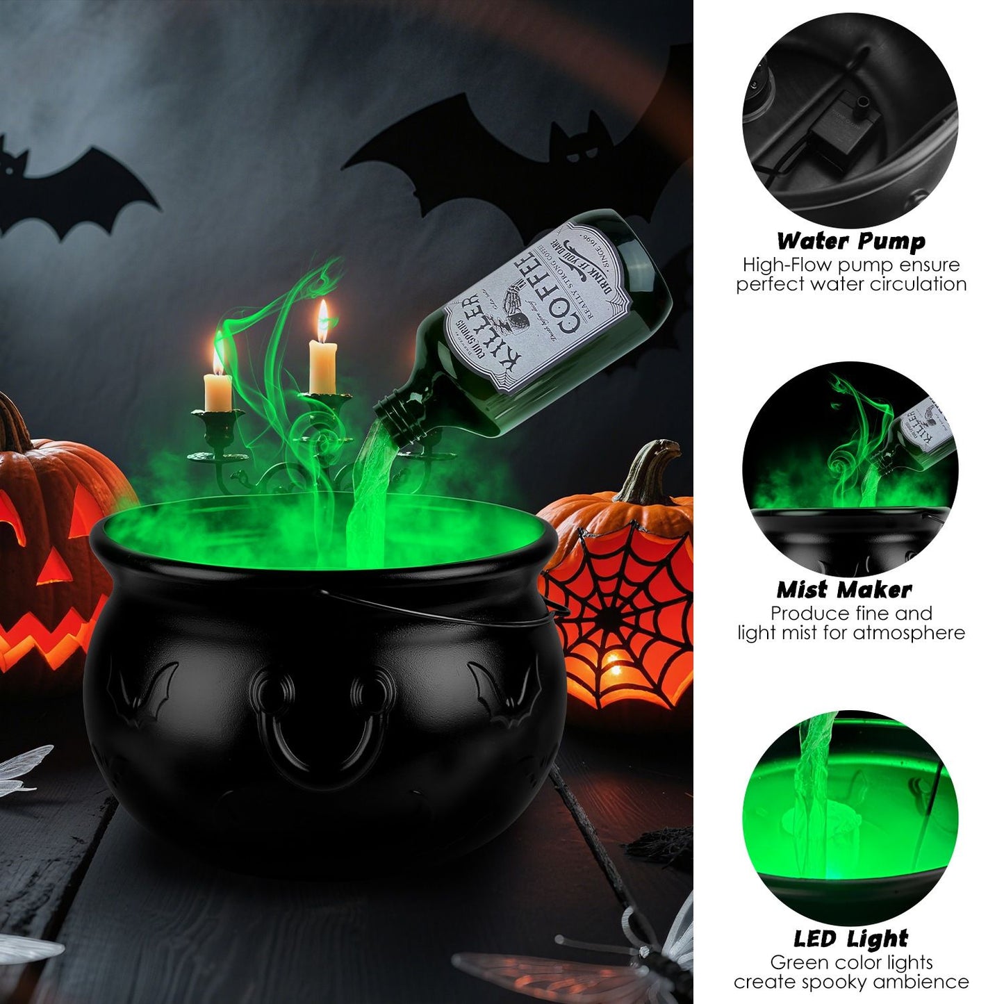 Halloween Spooky Decor: Floating Bottle with Witch Cauldron - 2-in-1 Mist & Green LED Light, Effective Splash Guard, Easy Setup, Ideal for Halloween Parties, Haunted Houses & Themed Events