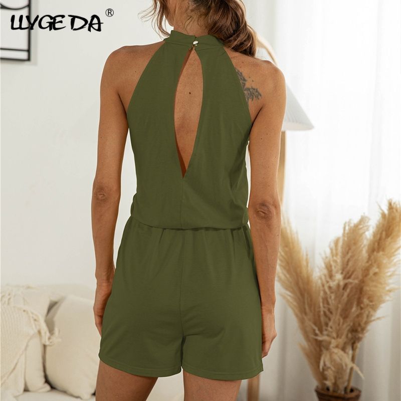 Halter Cold Shoulder Woman's Playsuit Sleeveless Back Split Solid Jumpsuit Female 2021 Summer Fashion Basic Casual Loose Romper