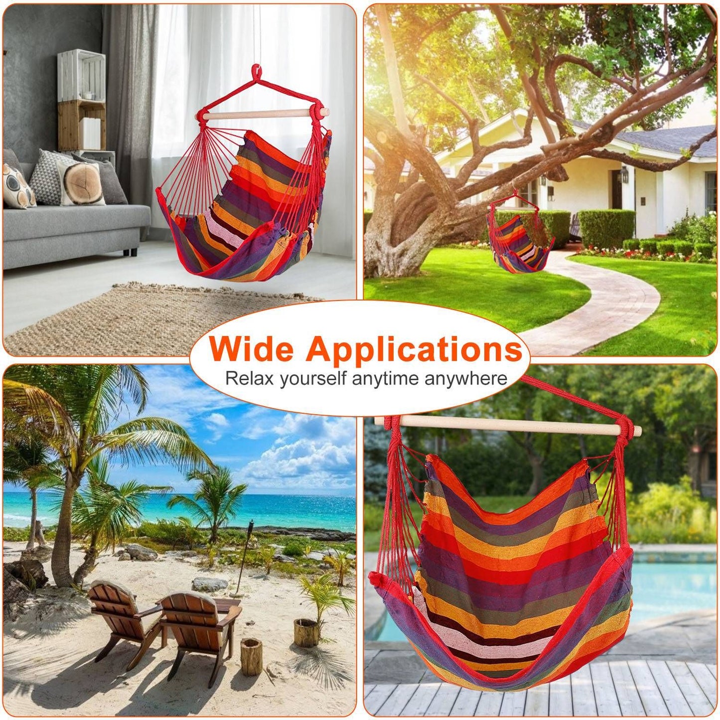 Hammock Hanging Chair Canvas Porch Patio Swing Seat Portable Camping Rope Seat Wooden Stick Hammock Chair with 2 Pillows 265LBS Load-bearing