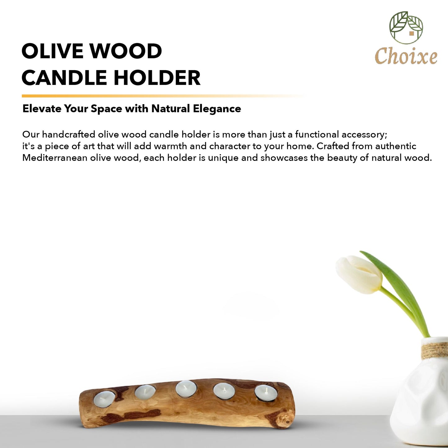 Handcrafted Olive Wood Candle Holder - Rustic 3-Candle and 5-Candle Centerpiece Tray for Dining Table, Living Room and Home Decor
