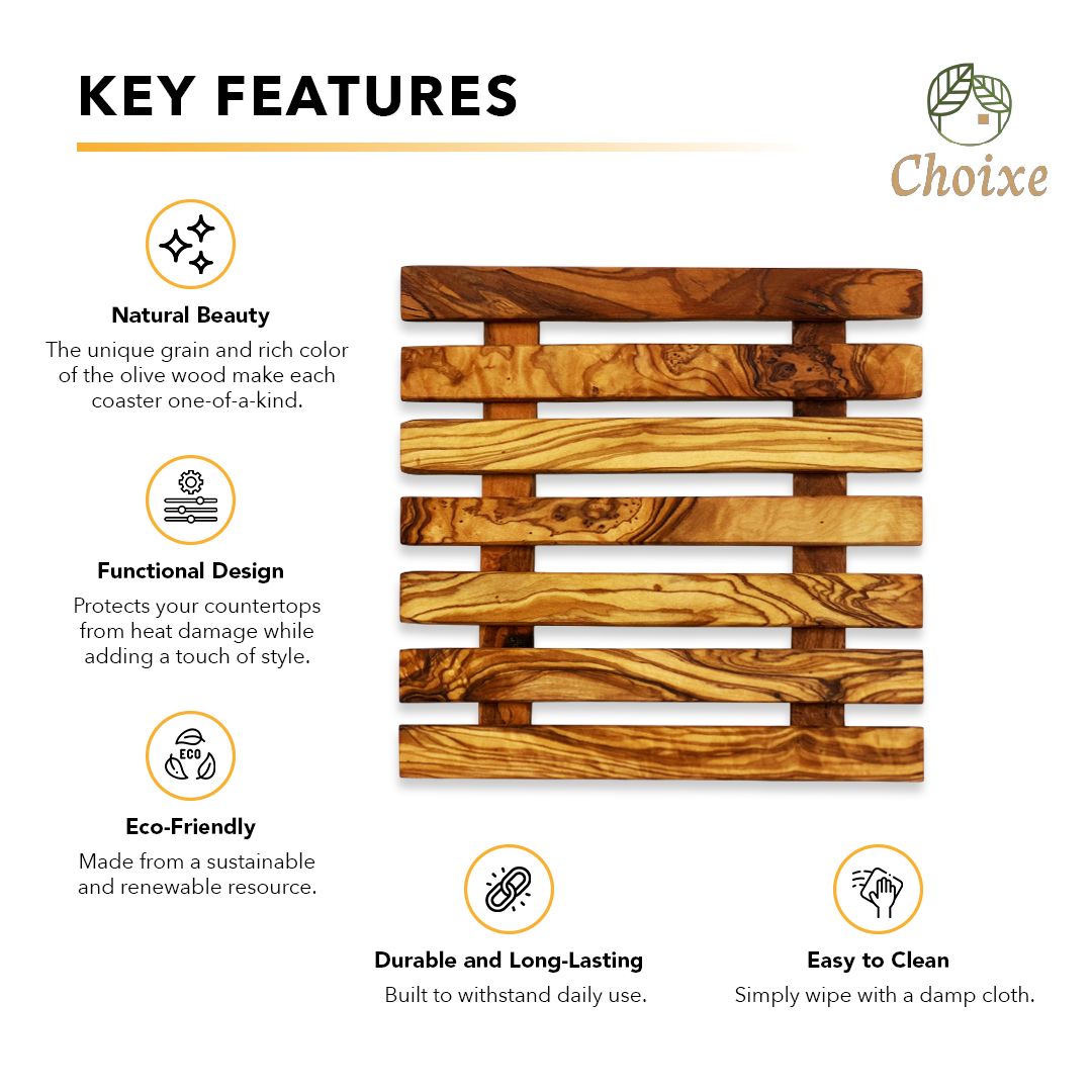 Handcrafted Square Olive Wood Pan Coaster - Natural Wood Heat Resistant Trivet for Hot Pots, Pans, and Dishes - Elegant Rustic Kitchen Decor and Table Protection - 1 Piece