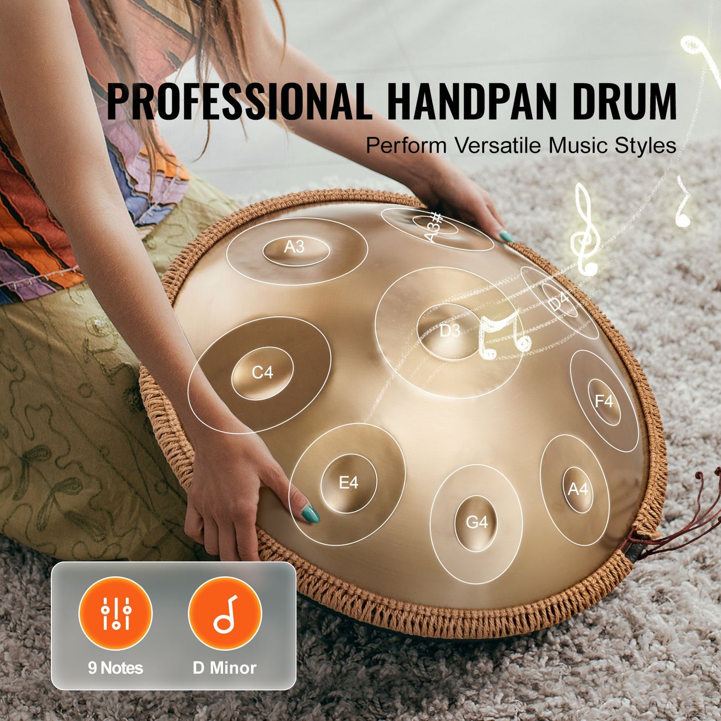 Handpan Drum, 22 in & 9 Notes, D Minor Hand Drum, Hand Pan Drum Instrument with Mallets, 440Hz Handpan Stand & Carry Bag, Steel Healing Sound Drum, Percussion Instruments for Adults Beginners