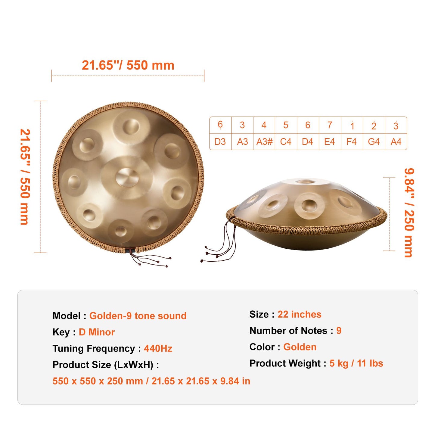 Handpan Drum, 22 in & 9 Notes, D Minor Hand Drum, Hand Pan Drum Instrument with Mallets, 440Hz Handpan Stand & Carry Bag, Steel Healing Sound Drum, Percussion Instruments for Adults Beginners