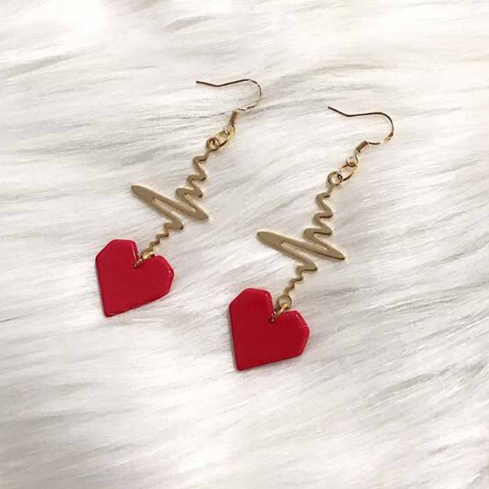 Heartbeat Dangle Earring Heart Drop Hook Earrings Long Pendant Dangle Jewelry for Woman; Red