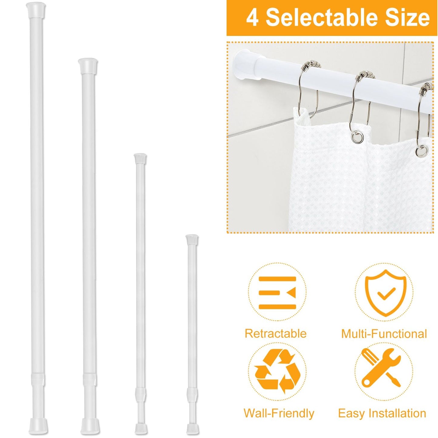 Heavy Duty Tension Curtain Rod, Non-Slip Carbon Steel Spring Loaded Curtain Rod (30-50cm/11.8-19.7in) - No Drilling, Tool-Free Installation for Bathroom, Kitchen, Bedroom, Wardrobe (Holds 2-3kg/4.4-6.
