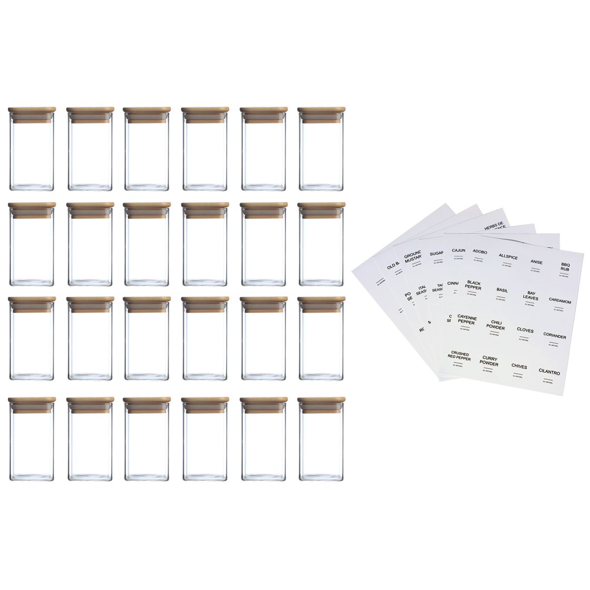 High Borosilicate Glass Spice Jar with Label and Bamboo Lid (24 x 8 Ounces), Spice Container with 72 Printed Labels and 20 Handwritten Labels, Empty Square Seasoning