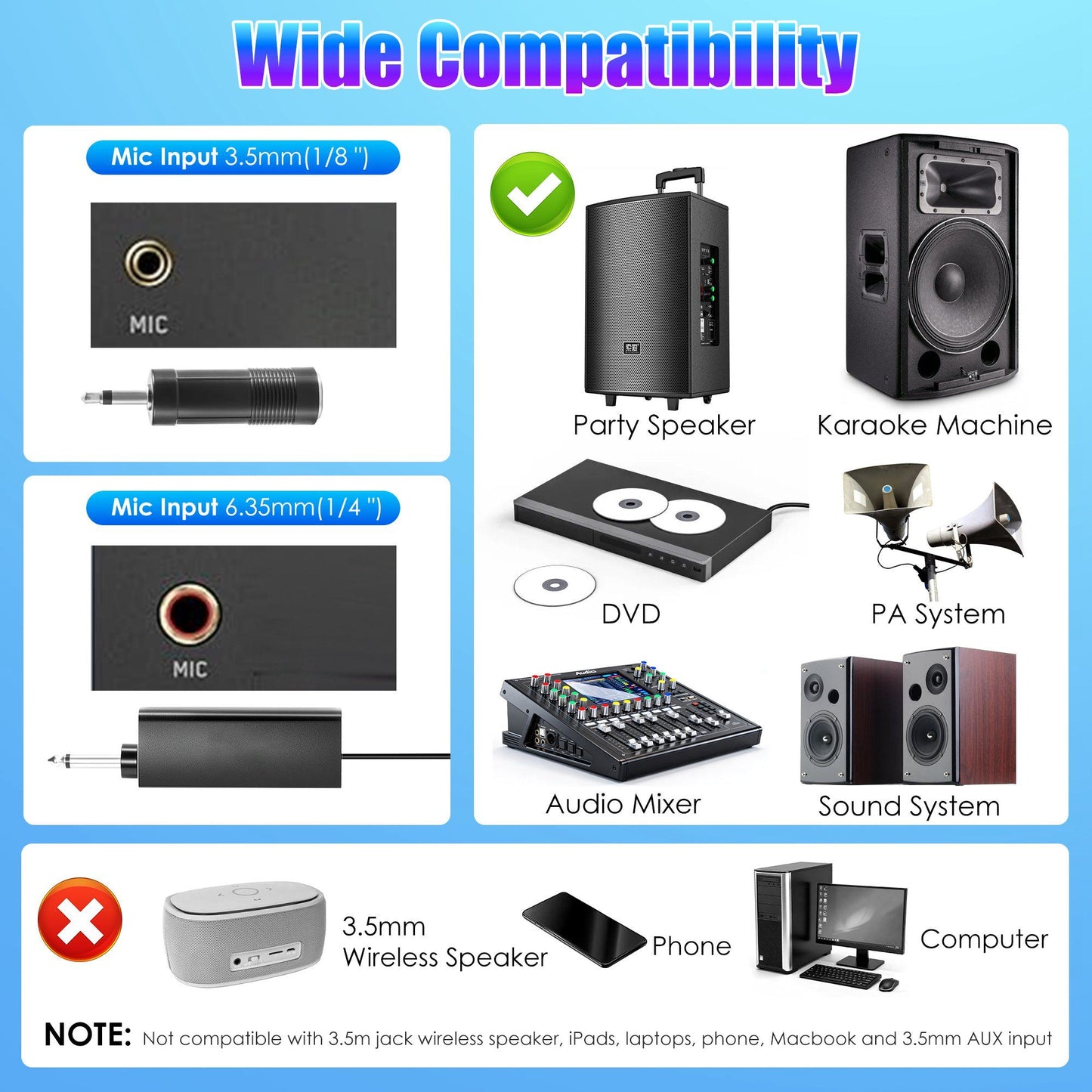 High Fidelity Wireless Microphone, 164FT 2.4GHz Cardioid Mic, Noise Canceling + LED Lights, Plug and Play for Weddings/Clubs/Gyms