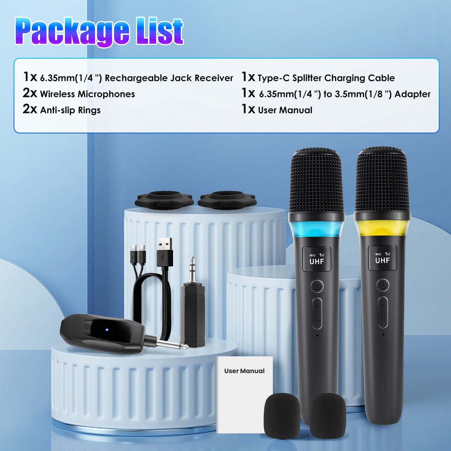 High Fidelity Wireless Microphone, 164FT 2.4GHz Cardioid Mic, Noise Canceling + LED Lights, Plug and Play for Weddings/Clubs/Gyms