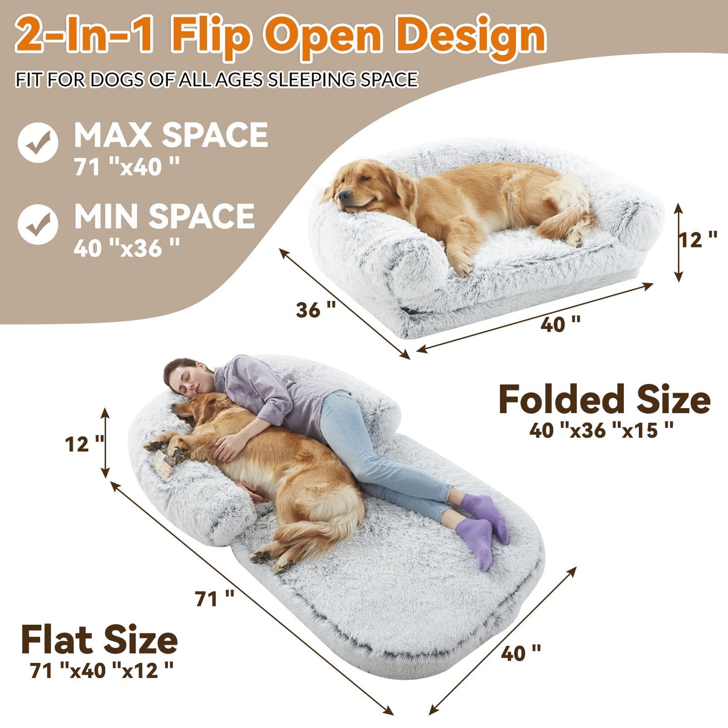 Human Dog Bed, 71"x43"x12" Dog Beds for Large Dogs, Foldable Plush Washable Dog Bed for People Doze Off, Orthopedic Dog Beds for Humans Size Fits You and Pets