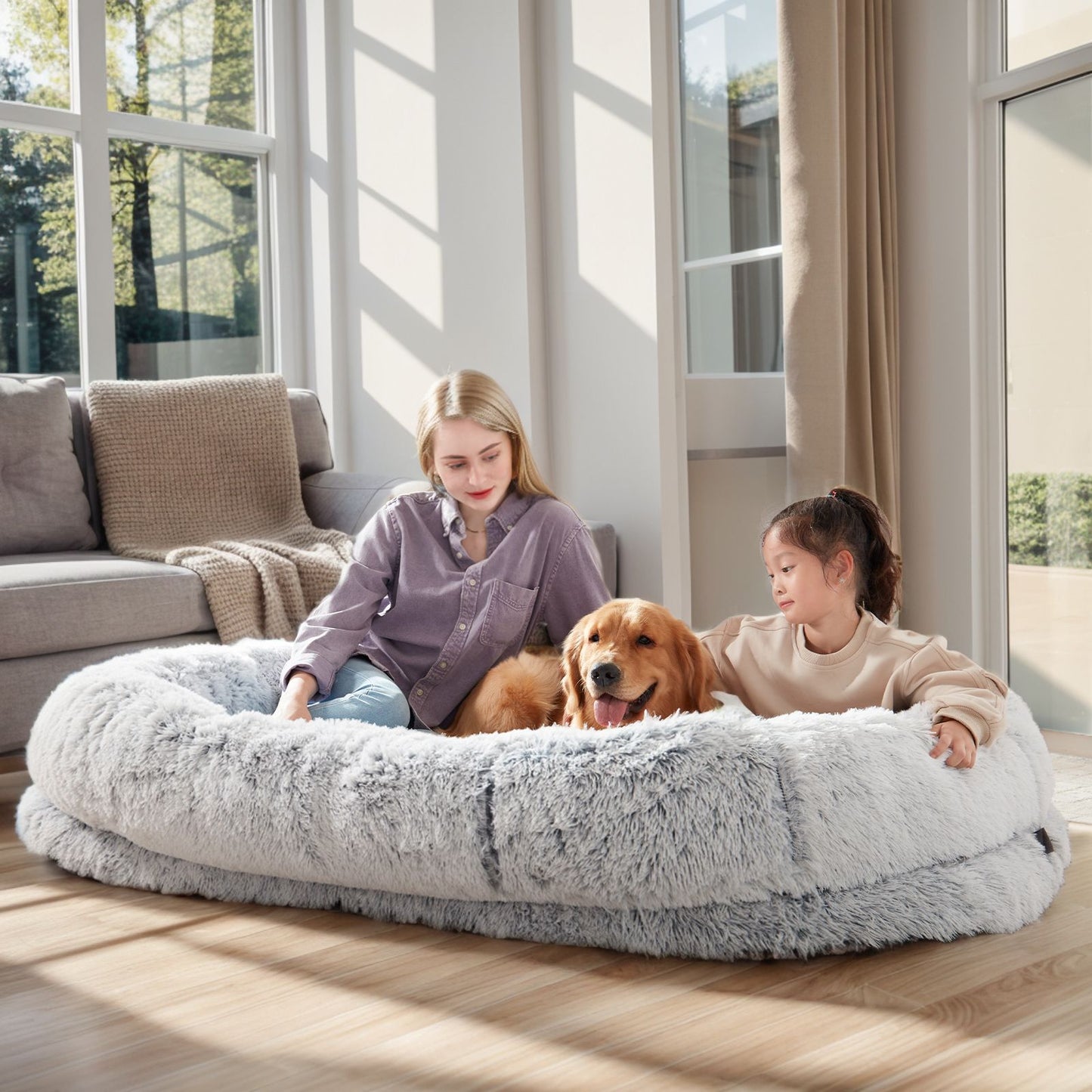 Human Dog Bed, Large Size Fits You and Pets, Washable Faux Fur Dog Bed for People Doze Off, Napping Orthopedic Dog Bed, Present Plump Pillow, Blanket, Strap