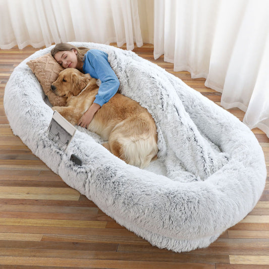Human Dog Bed, Large Size Fits You and Pets, Washable Faux Fur Dog Bed for People Doze Off, Napping Orthopedic Dog Bed, Present Plump Pillow, Blanket, Strap