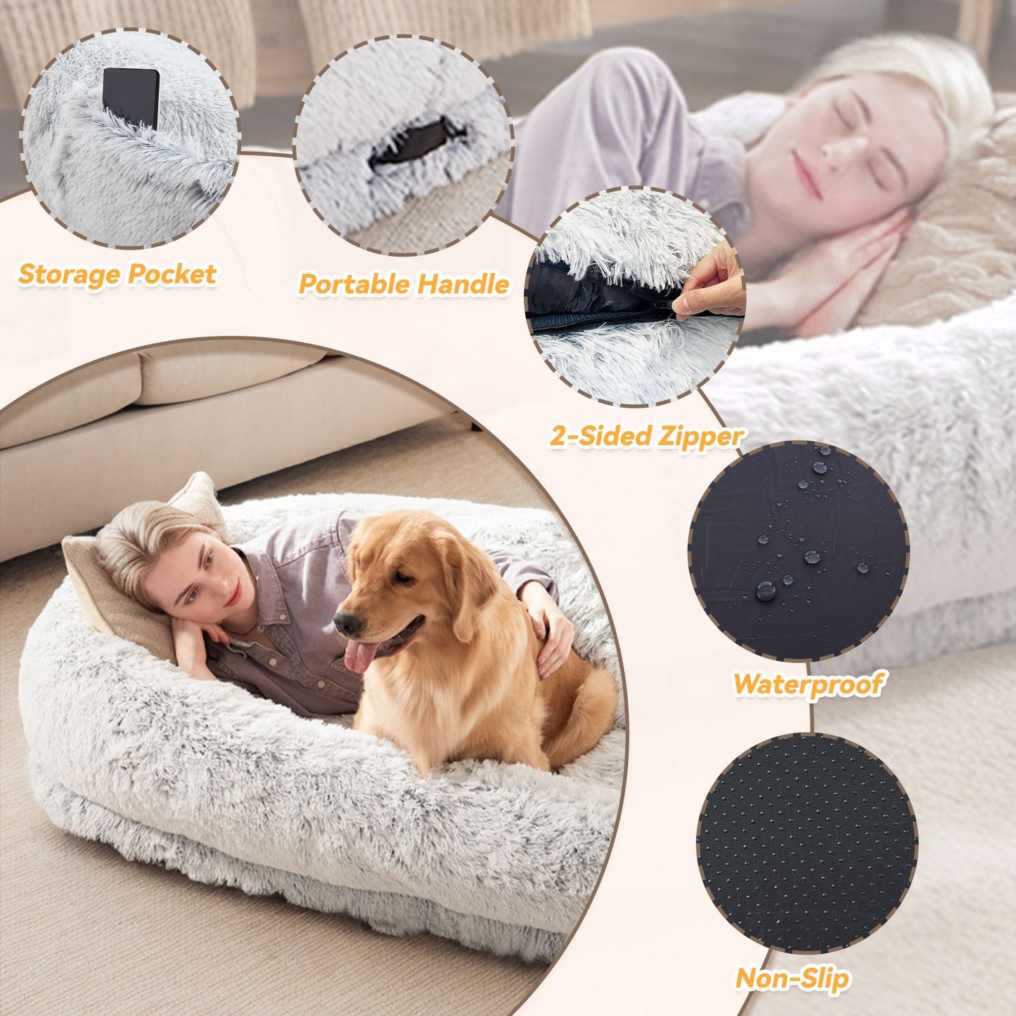 Human Dog Bed, Large Size Fits You and Pets, Washable Faux Fur Dog Bed for People Doze Off, Napping Orthopedic Dog Bed, Present Plump Pillow, Blanket, Strap