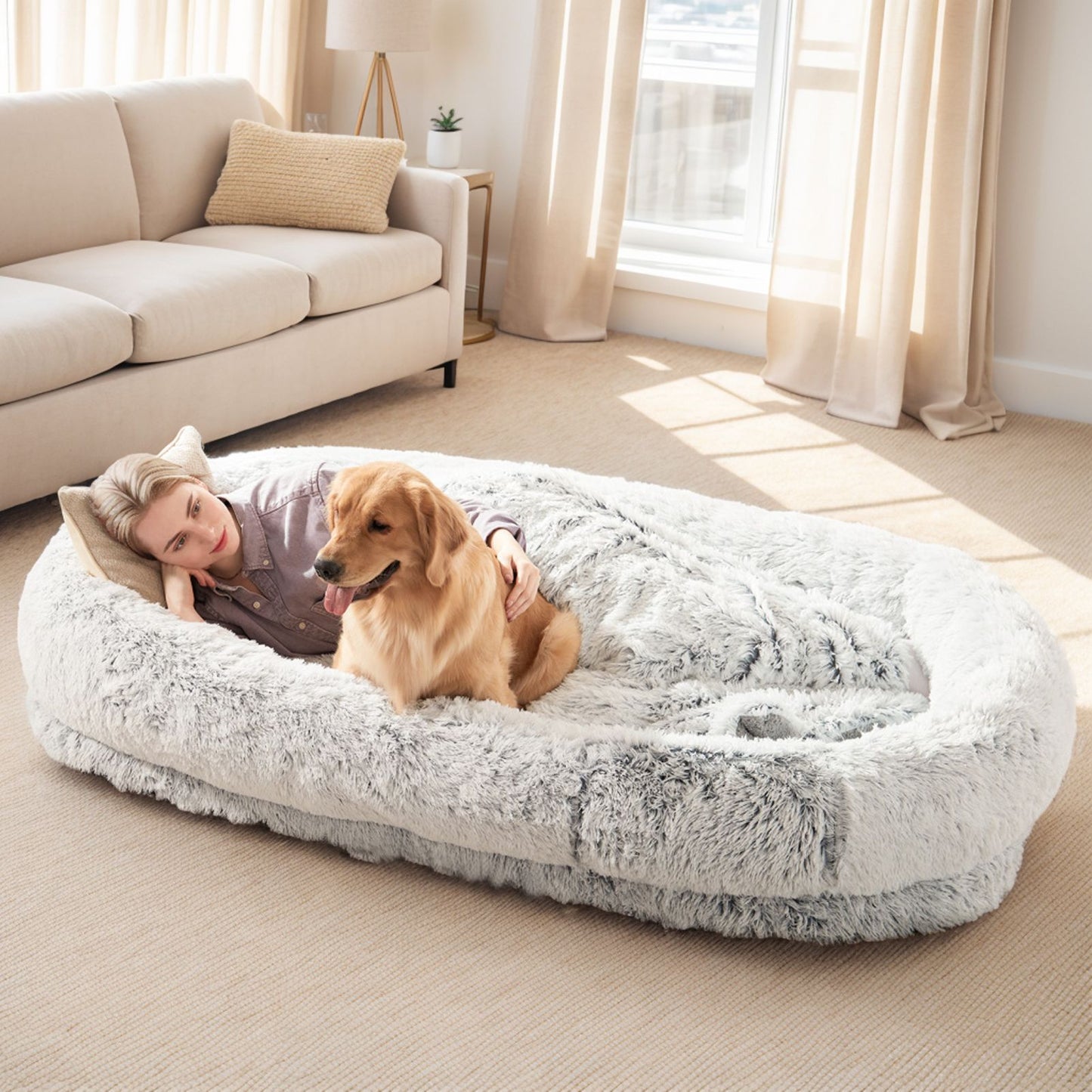 Human Dog Bed, Large Size Fits You and Pets, Washable Faux Fur Dog Bed for People Doze Off, Napping Orthopedic Dog Bed, Present Plump Pillow, Blanket, Strap