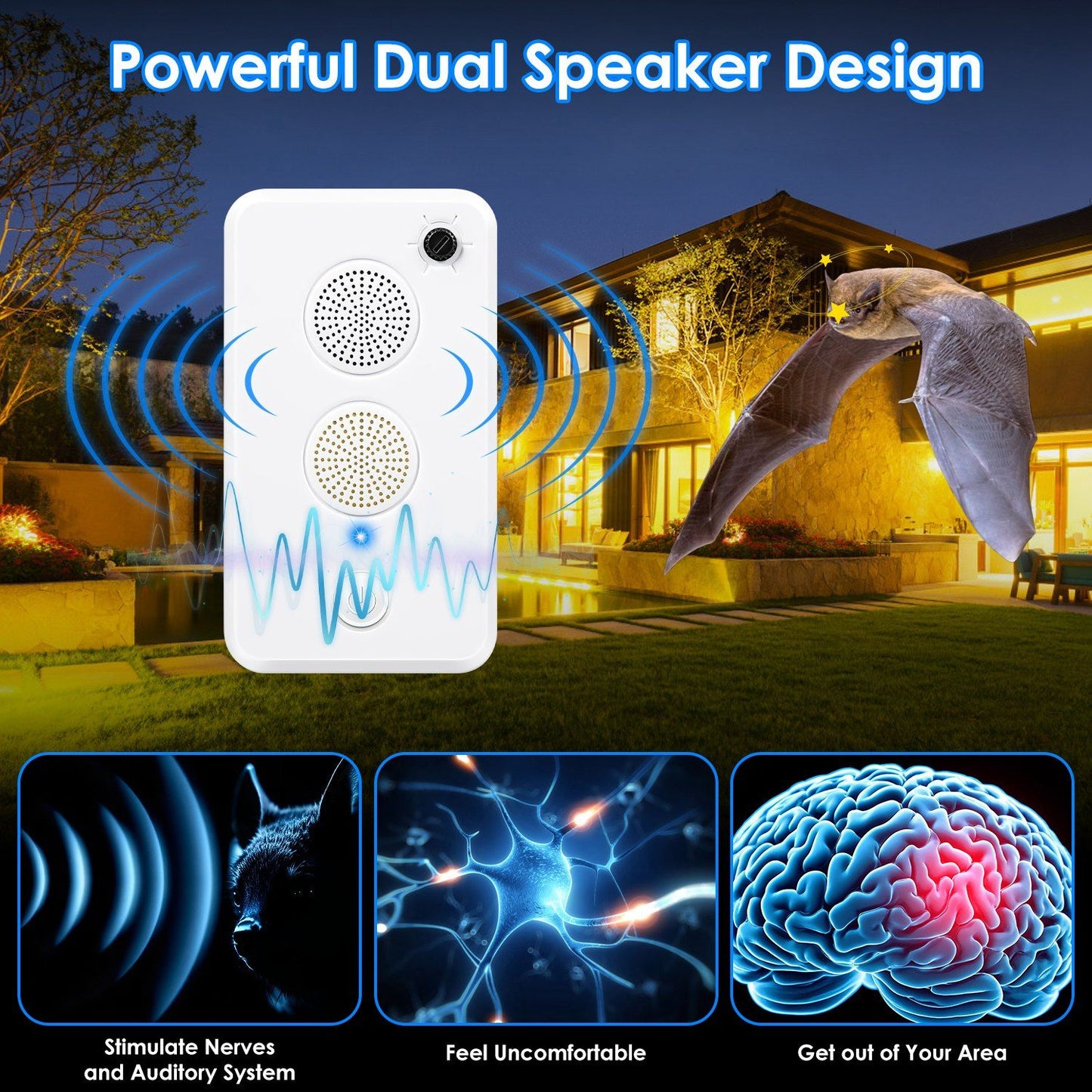 Indoor Outdoor Pest Deterrent - Ultrasonic Bat Bird Mouse Repeller with 6 Levels, 70-80H Runtime, 753Sq.ft Coverage, Safe Humane Design