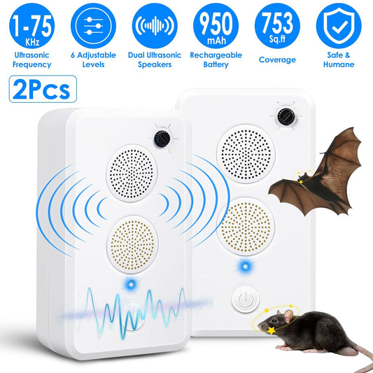 Indoor Outdoor Pest Deterrent - Ultrasonic Bat Bird Mouse Repeller with 6 Levels, 70-80H Runtime, 753Sq.ft Coverage, Safe Humane Design