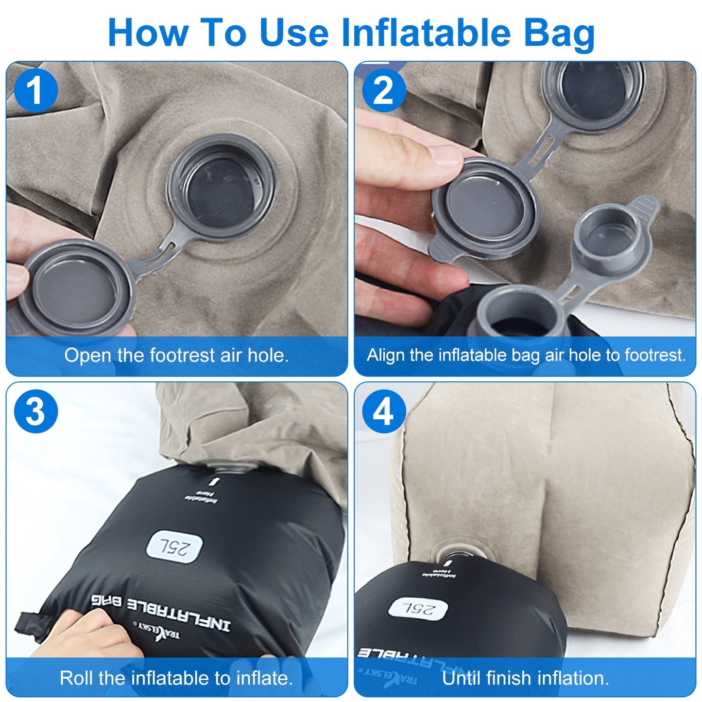Inflatable Foot Rest Pillow for Travel - Leg Care Cushion to Relieve Swelling & Improve Blood Circulation , 3 Adjustable Heights, Double Cap Valves , Storage Bag for Plane, Car, Train