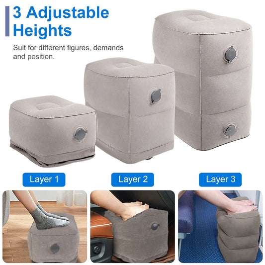 Inflatable Foot Rest Pillow for Travel - Leg Care Cushion to Relieve Swelling & Improve Blood Circulation , 3 Adjustable Heights, Double Cap Valves , Storage Bag for Plane, Car, Train