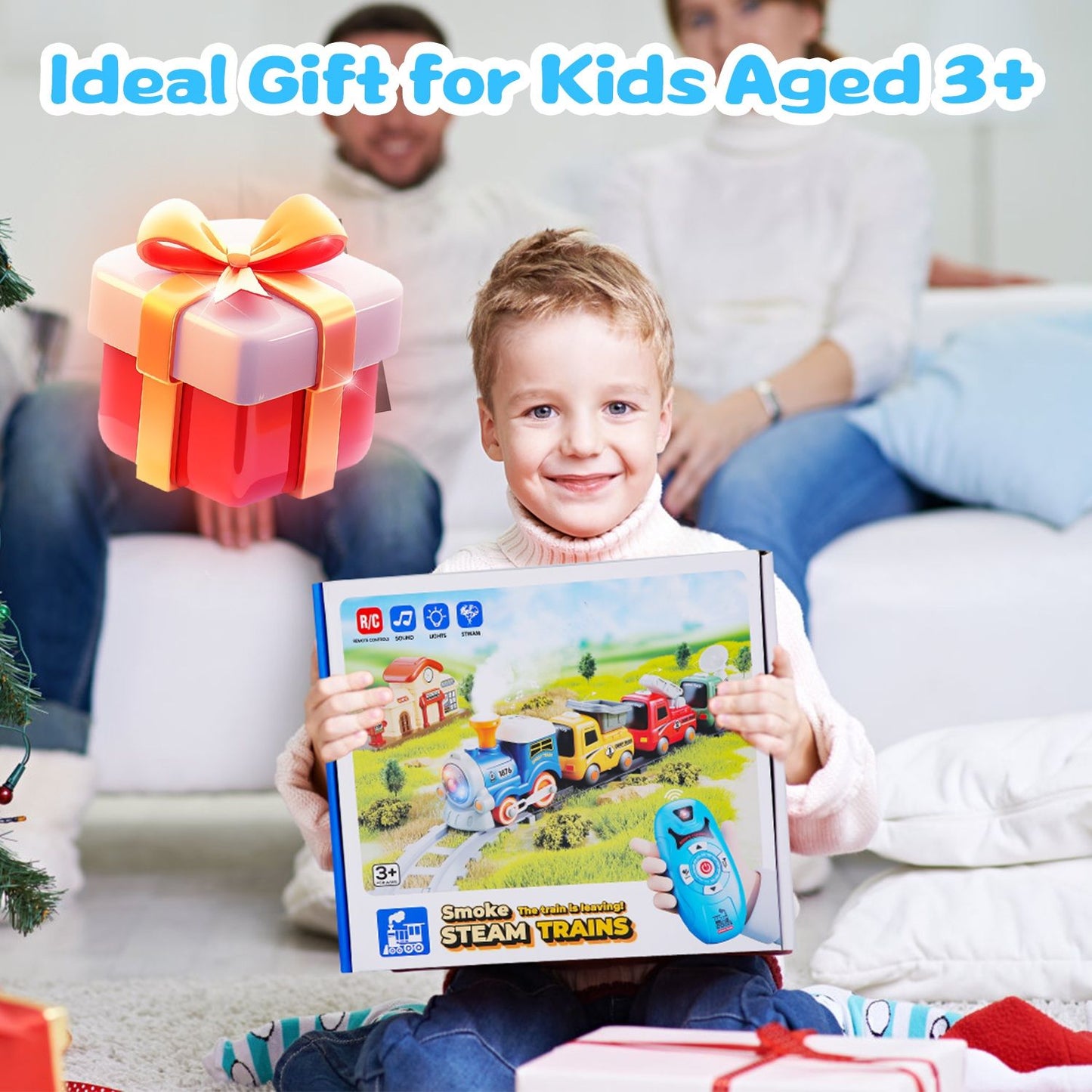 Kids Electric Train Set with Remote - Immersive Play with Authentic Train Sounds, Smoke Effects & Colorful Lights, Magnetic Connection Locomotive + 3 Trucks, Easy Assembly Tracks & Accessories, Perfec