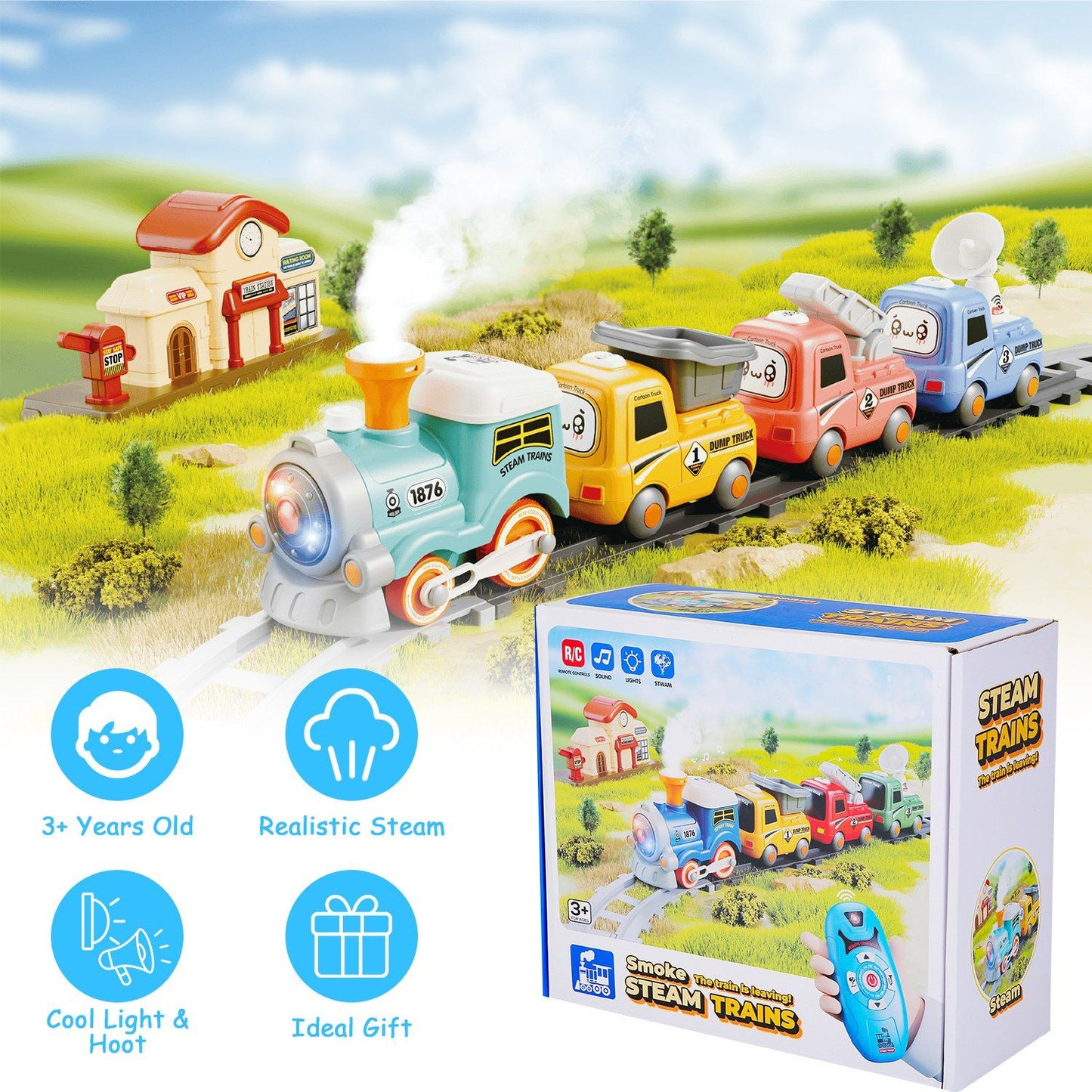 Kids Electric Train Set with Remote - Immersive Play with Authentic Train Sounds, Smoke Effects & Colorful Lights, Magnetic Connection Locomotive + 3 Trucks, Easy Assembly Tracks & Accessories, Perfec