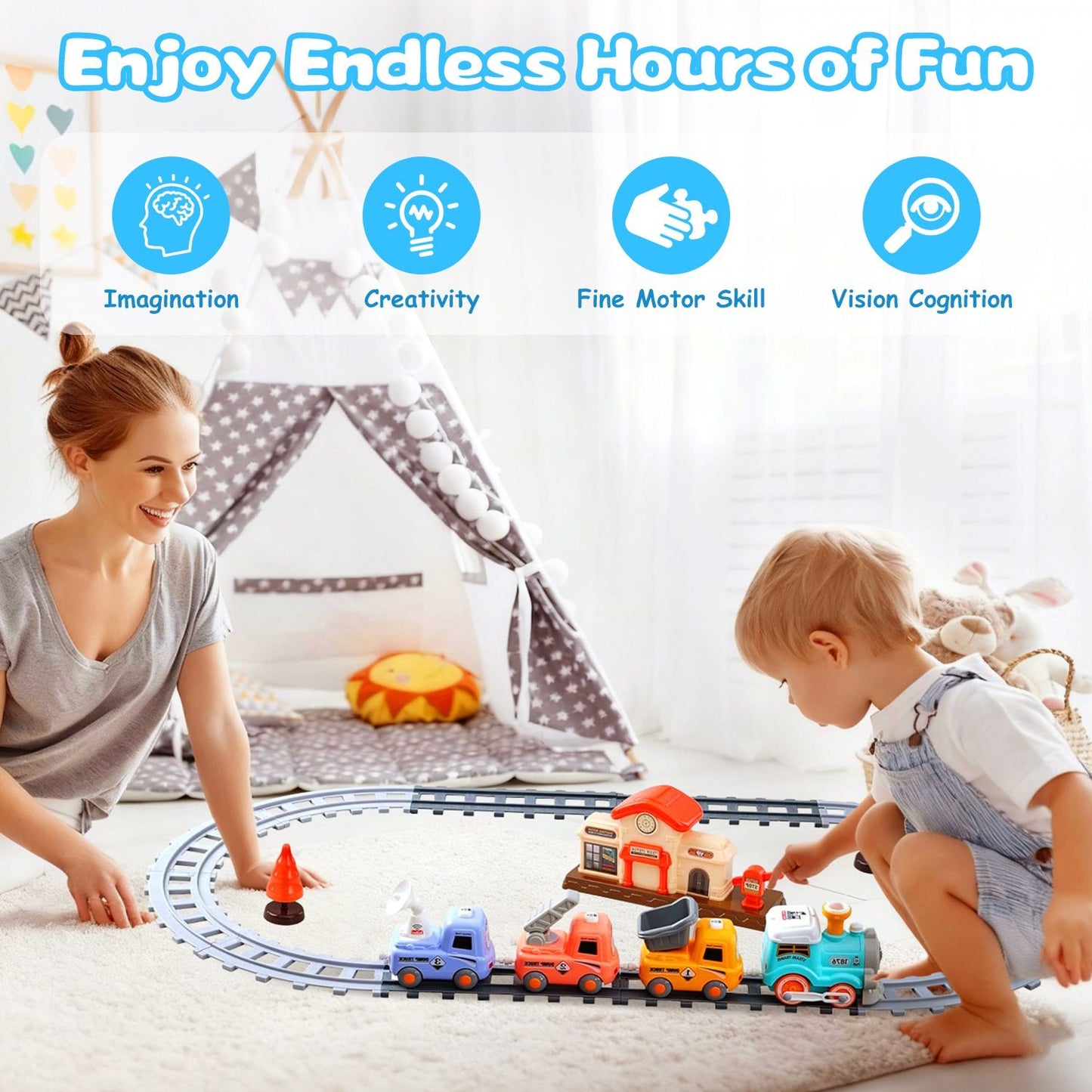 Kids Electric Train Set with Remote - Immersive Play with Authentic Train Sounds, Smoke Effects & Colorful Lights, Magnetic Connection Locomotive + 3 Trucks, Easy Assembly Tracks & Accessories, Perfec