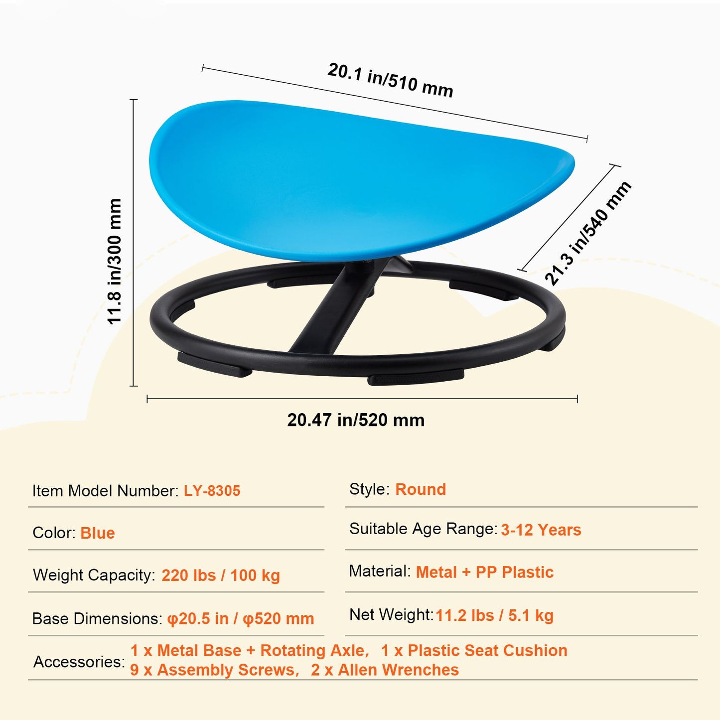 Kids Swivel Chair, 220 LBS Capacity, Sensory Spinning Chair, Autistic Kids Sensory Toy Chair with Non-Slip Metal Base, Toddler Sit and Spin Chair for Coordination Balance Focus Training Blue
