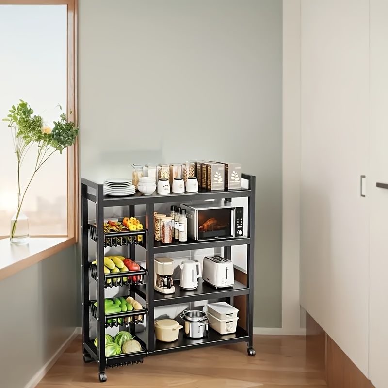 Kitchen mobile storage rack, 4-layer carbon steel 3-mesh basket storage rack with universal sliding wheels, metal collection rack and kitchen storage rack for kitchen