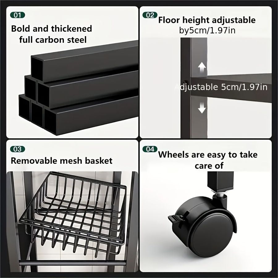 Kitchen mobile storage rack, 4-layer carbon steel 3-mesh basket storage rack with universal sliding wheels, metal collection rack and kitchen storage rack for kitchen