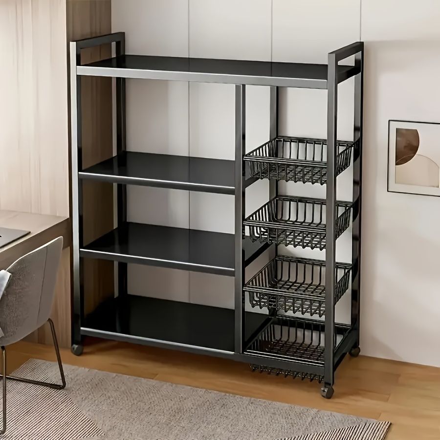 Kitchen mobile storage rack, 4-layer carbon steel 3-mesh basket storage rack with universal sliding wheels, metal collection rack and kitchen storage rack for kitchen