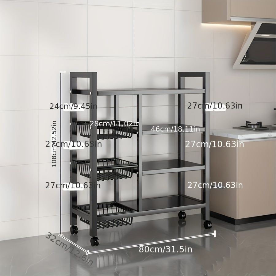 Kitchen mobile storage rack, 4-layer carbon steel 3-mesh basket storage rack with universal sliding wheels, metal collection rack and kitchen storage rack for kitchen