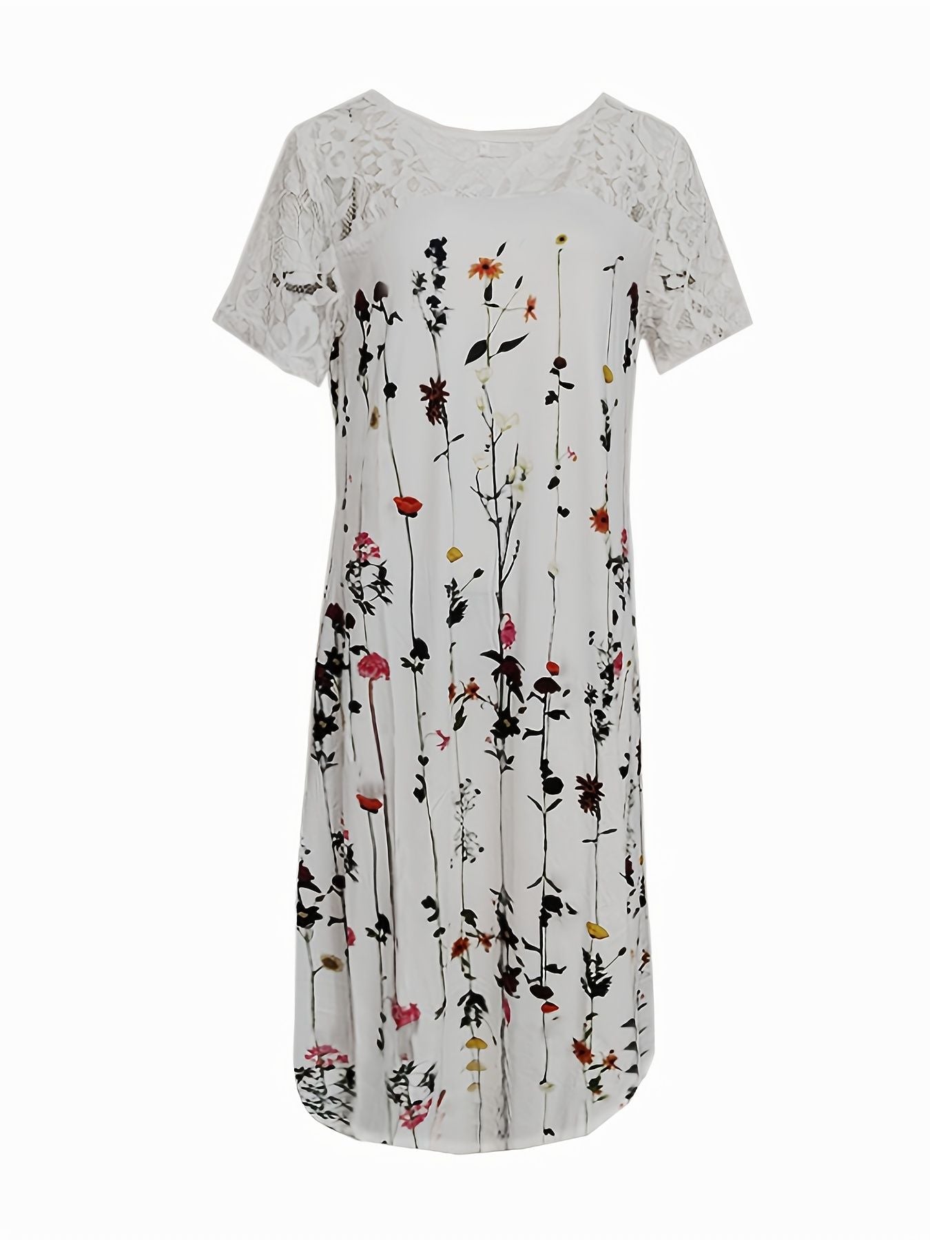 Lace Sleeve Floral Print Dress; Elegant V Neck Summer Midi Dress; Women's Clothing