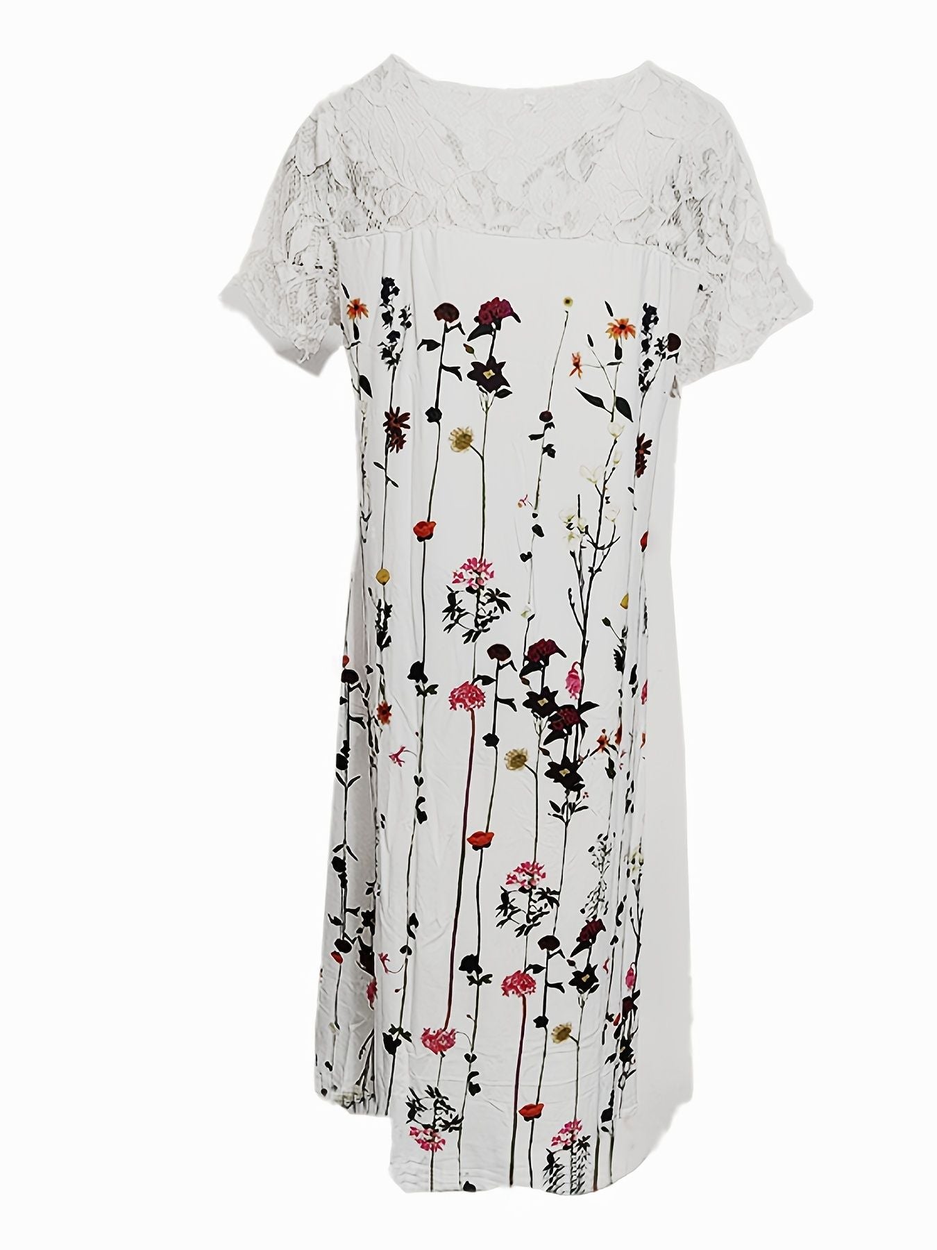 Lace Sleeve Floral Print Dress; Elegant V Neck Summer Midi Dress; Women's Clothing
